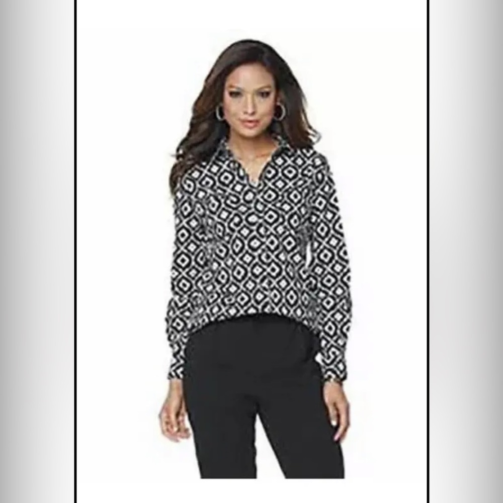 NWT! ~ WENDY WILLIAMS Black & White Poplin Long Sleeve Blouse W/ Buttons Size XS